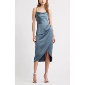 NWT OPEN EDIT Cowl Neck Satin Midi Dress In Blue Weather Medium 5518